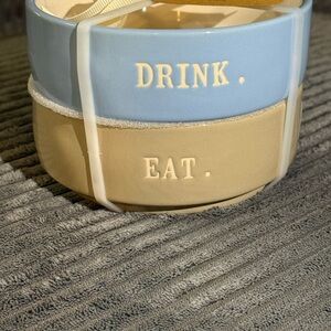 Rae Dunn Blue & Tan Pet DRINK / EAT Ceramic Bowls - Set of 2- NWT